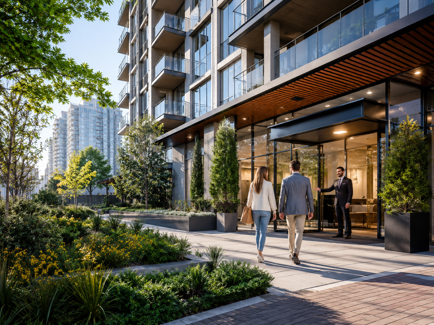 Modern condo building entrance with concierge welcoming residents