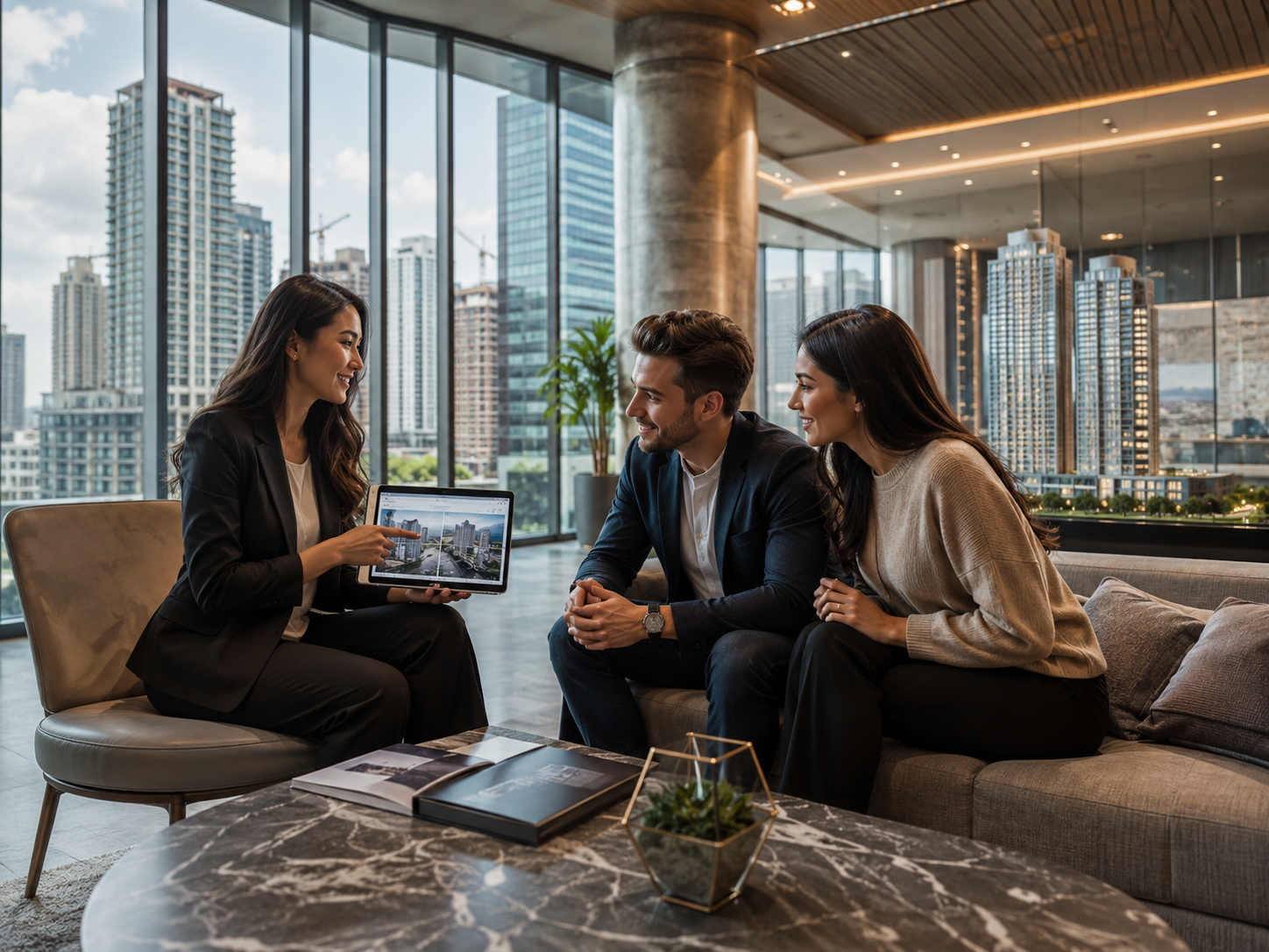 Condo buyers meeting with a real estate advisor in a premium condo lounge