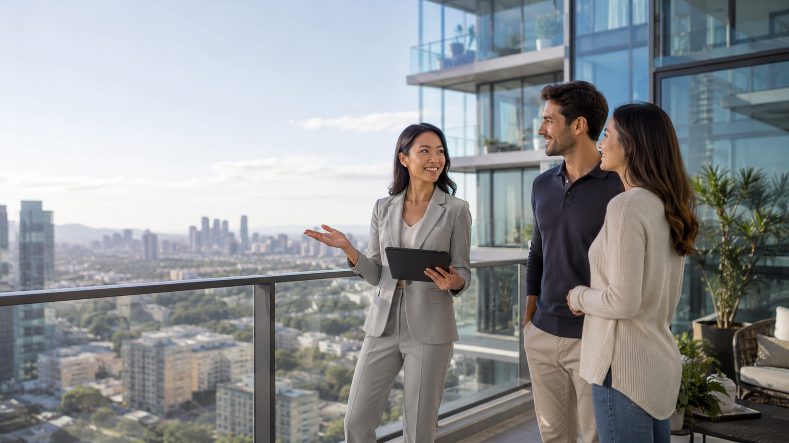 Condo buyer tour on a balcony with city views