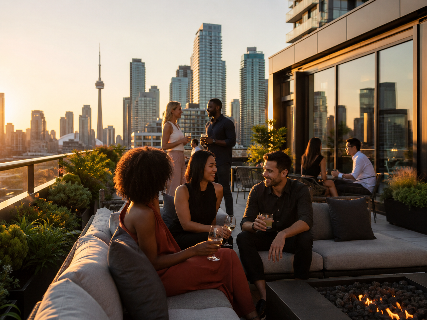 Condo residents gathering on a rooftop terrace at sunset